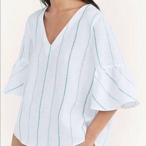 Massimo Dutti White Green Stripe Linen Top Size 4‎